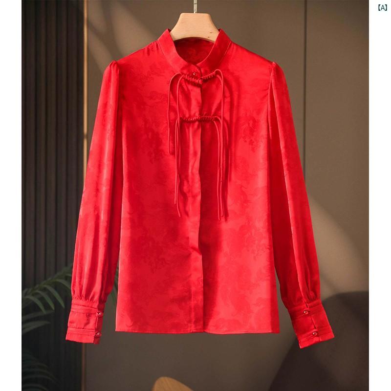 レディース ファッション　オシャレ　カジュアル　かわいい　綺麗 絶品 完璧 中華風 ク ボタン スタンドカラー ジャカード 長袖 シャツ トップ