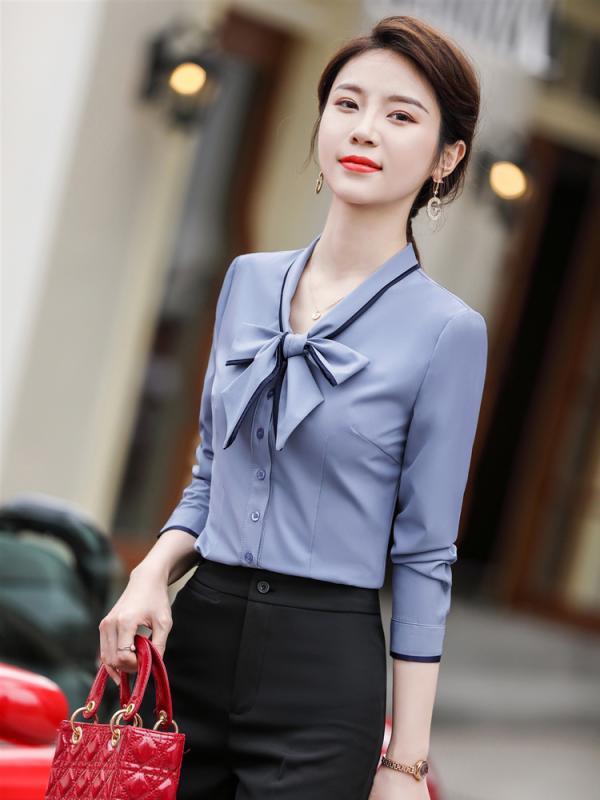 ブラウス レディース 長袖 シャツ スーツ 女性 フォーマル ファッション 多用途 ボウタイ リボン グレー 白 青 きいサイズ