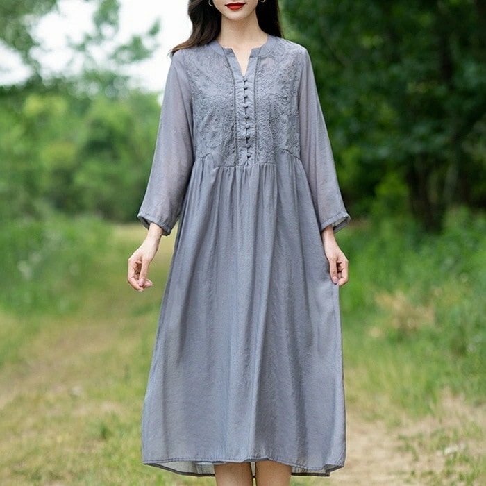 ワンピース ワンピ ドレス 袖あり シャツワンピース 刺繍 レディース エレガント きれいめ カジュアル 七分袖 長袖 大人 可愛い フェミニン ミモレ丈 Aライン ゆったり ナチュラル 楽ちん グレ