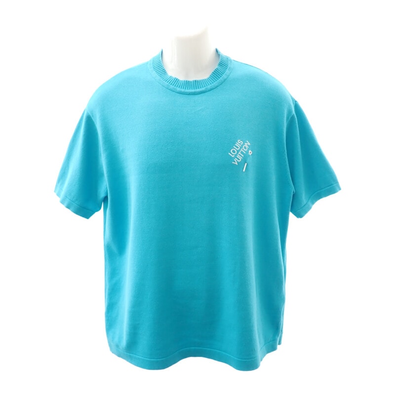 エンブロイダードシグネチャー ショートスリーブ ニット L 半袖Ｔシャツ コットン ブルー メンズ 美品【ABランク】