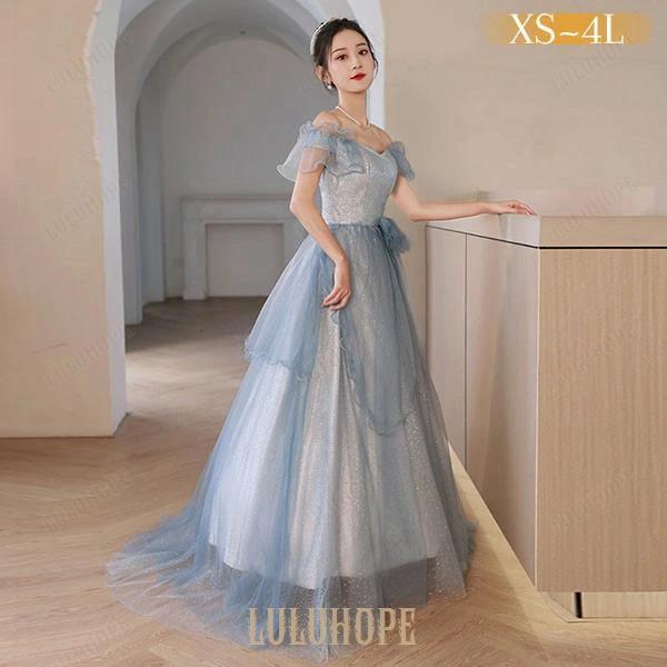 ドレス 大人 ピアノ 発表会 ロングドレス 演奏会 結婚式 母親 ピアノ発表会 袖付き ワンピース 水色 半袖 演奏会用ドレス パーティードレス イブニングドレス