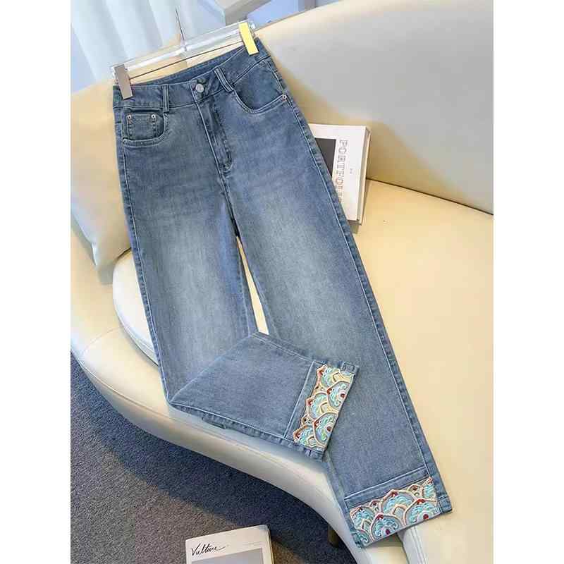 レディース ファッション カジュアル おしゃれ チャイナ風 ジーンズ 春秋 ハイウエスト シガレットパンツ 九分丈 刺繍 ストレート パンツ