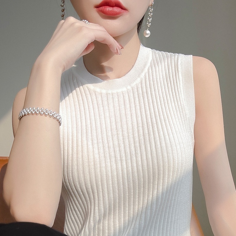 ニットソー ノースリーブ ラウンドネック プルオーバー スリム 細身 無地 韓国 レディース かわいい 可愛い キュート 大人可愛い 大人女子 シンプル きれいめ カジュアル 大人 気品