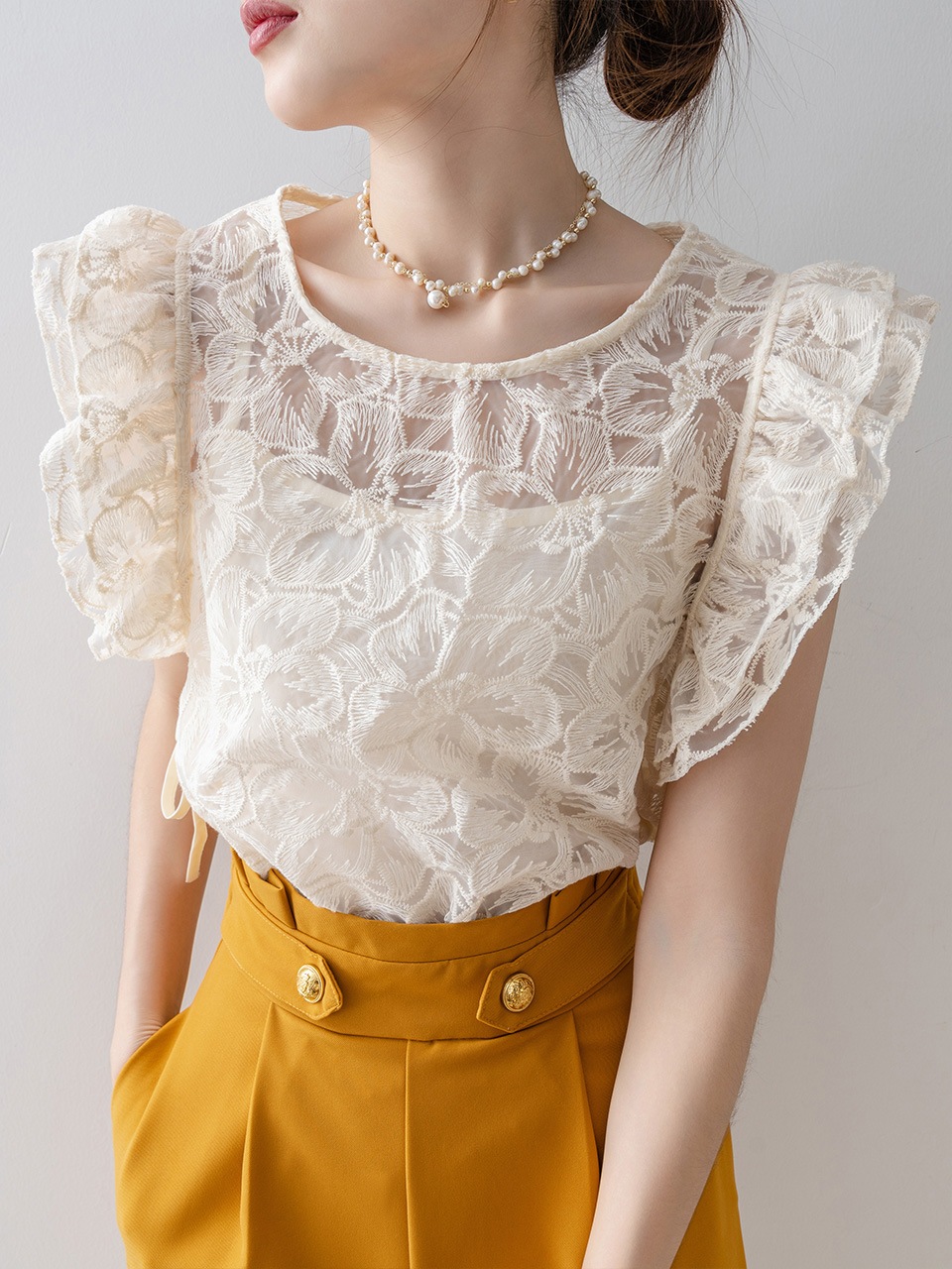 【1点ご購入 で10点プレゼントいたします】シフォンシャツ半袖女2025アンズカラー丸首高級感ブラウスレースノースリーブトップス 190,991円