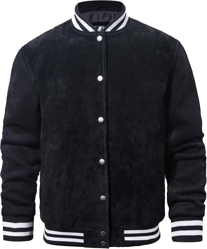 メンズ カジュアル レザー 野球ジャケット ポリエステル 袖 ボンバージャケット スエード バーシティジャケット 軽量(ブラック, 3XL)