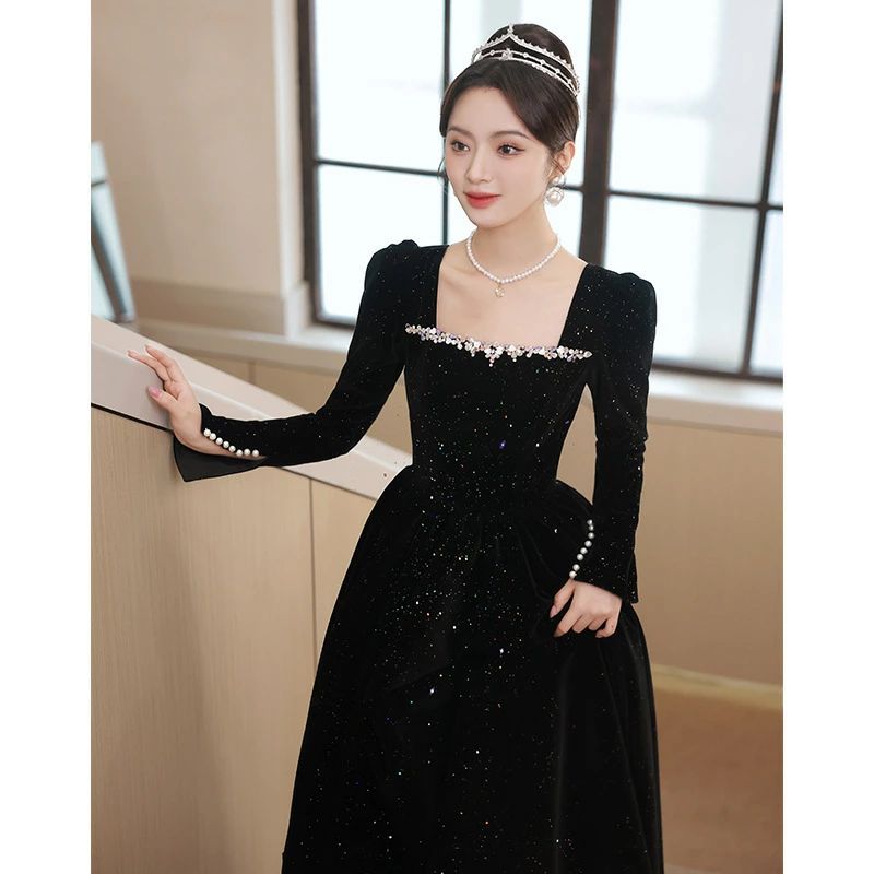 デビューした新品イブニングドレス ロングドレス 黒 ベロア ベルベット 長袖 結婚式ドレス 二次会 ワイン赤 ゲストドレス ラインストーン パープル 可愛い オシャレ パーティードレス 成人式ドレス