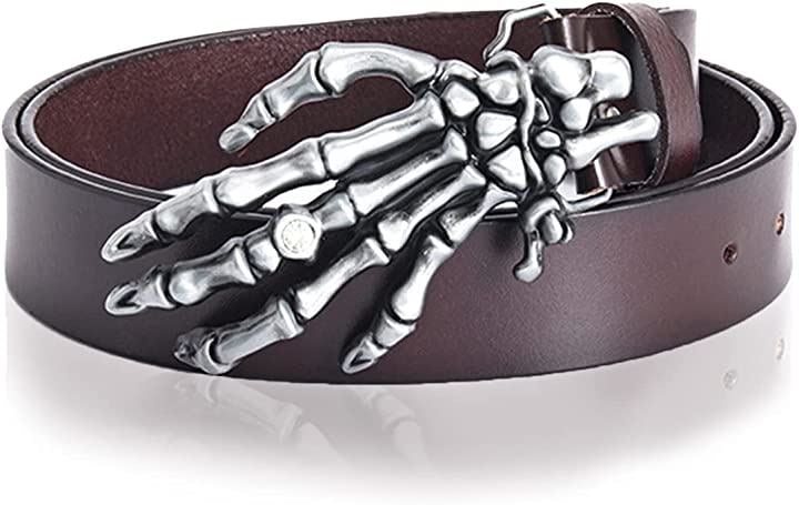 でかスカルハンド バックル レザー ベルト メンズ ドクロ メタルバックル パンク ロック バイカー