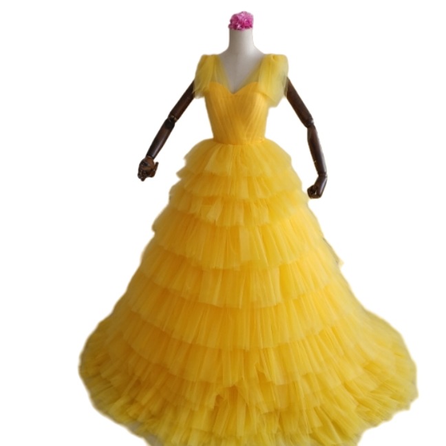 可愛い パーティードレス イエロー 柔らかく重ねたチュールスカート 編み上げ 前撮り