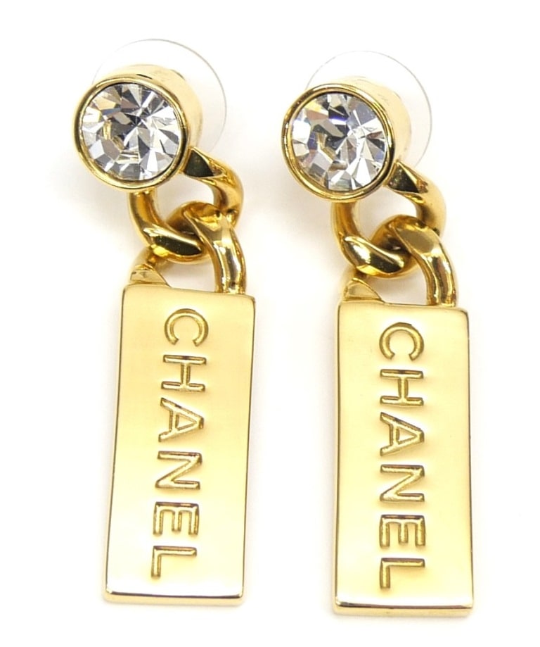 シャネル CHANEL ピアス L21 プレート ロゴ ラインストーン ゴールド 【中古】(65411)