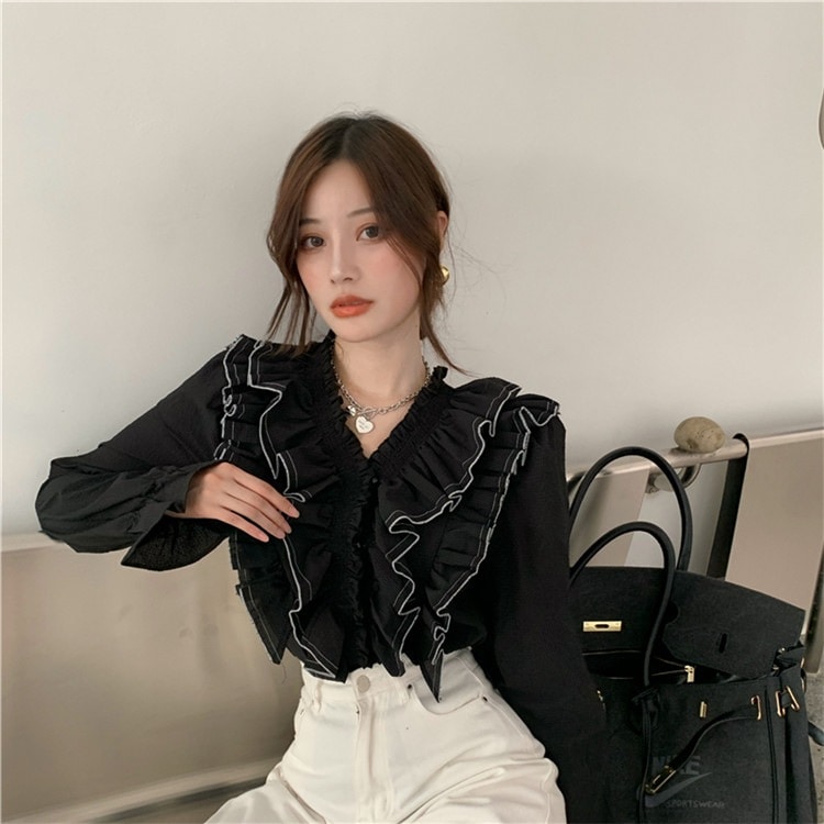 おしゃれの必需品 スタイル レトロ フリル Vネック トップス 新スタイル デザインセンス 気質