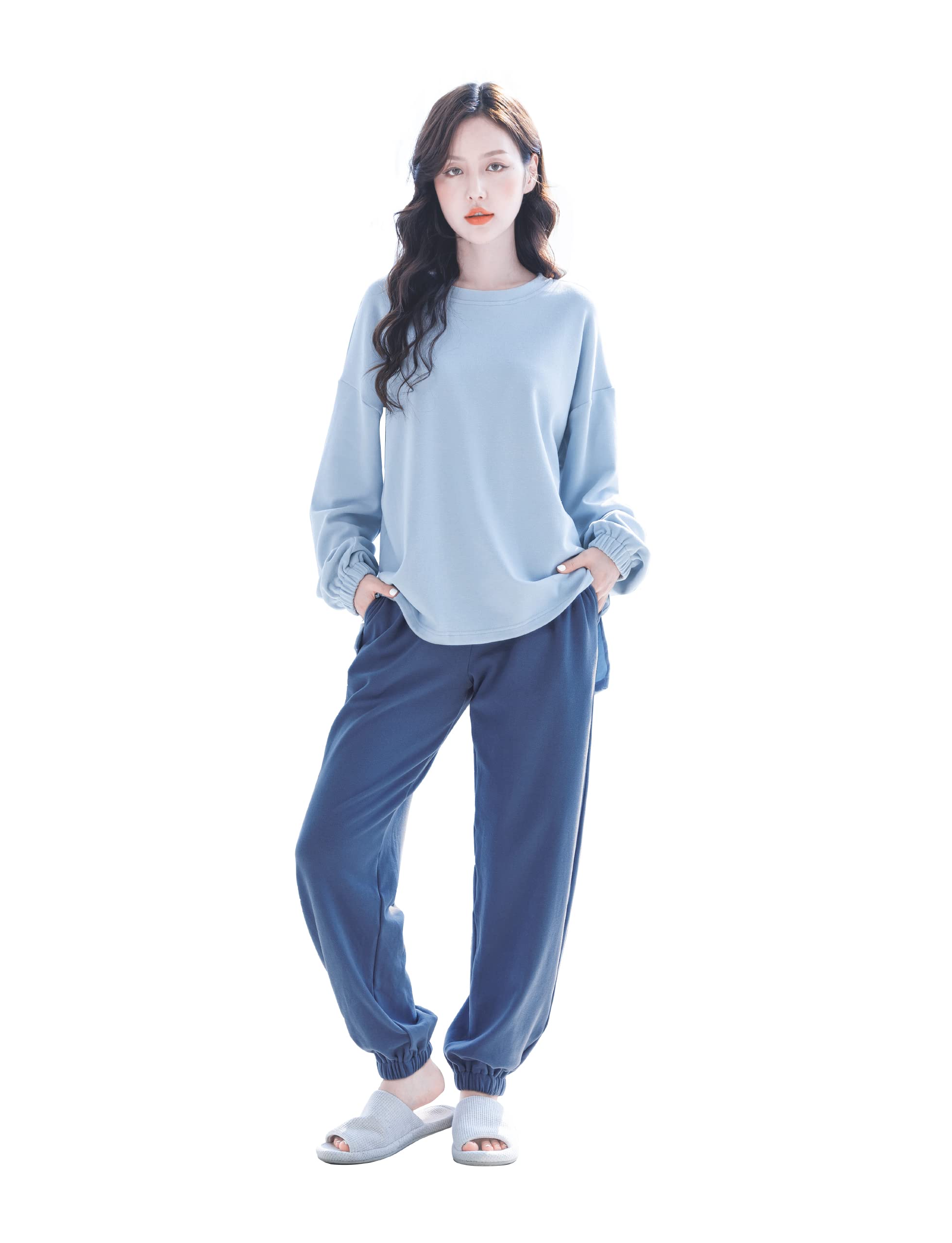 [MiniZaru] ルームウェア パジャマ 部屋着 レディース 上下セット 長袖 暖かい 可愛い 春 秋 冬 肌に優しい (ブルー L)