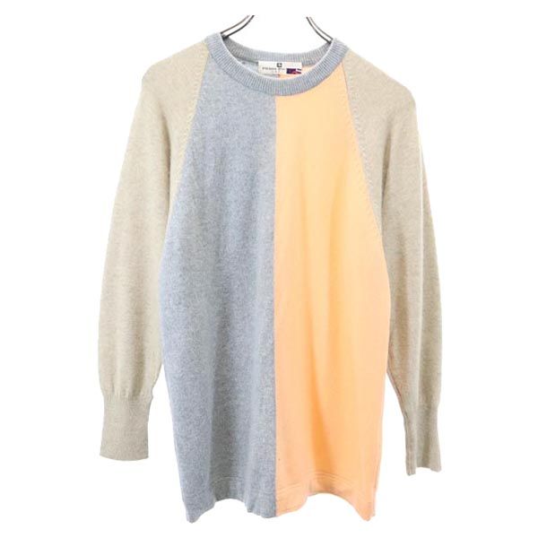 カシミヤ100% 長袖 ニット 38 オレンジ×グレー×ベージュ クルーネック セーター メンズ