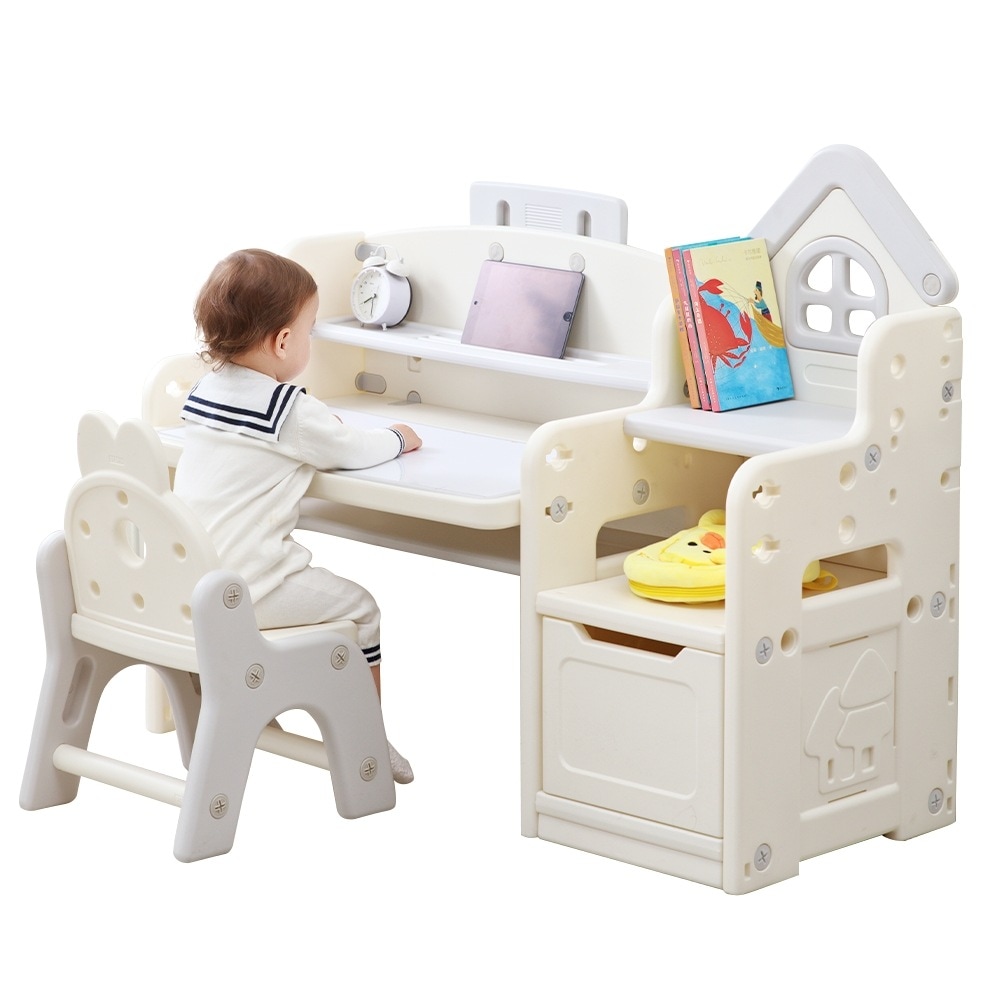 【国内出荷 - 3日配達】【EN71認証済み】4IN1キッズデスク キッズチェア ブロックテーブル ホワイトボード 高さ調整 角度調整 収納付き キッズデスク キッズチェア 1~10才 子供用テーブル