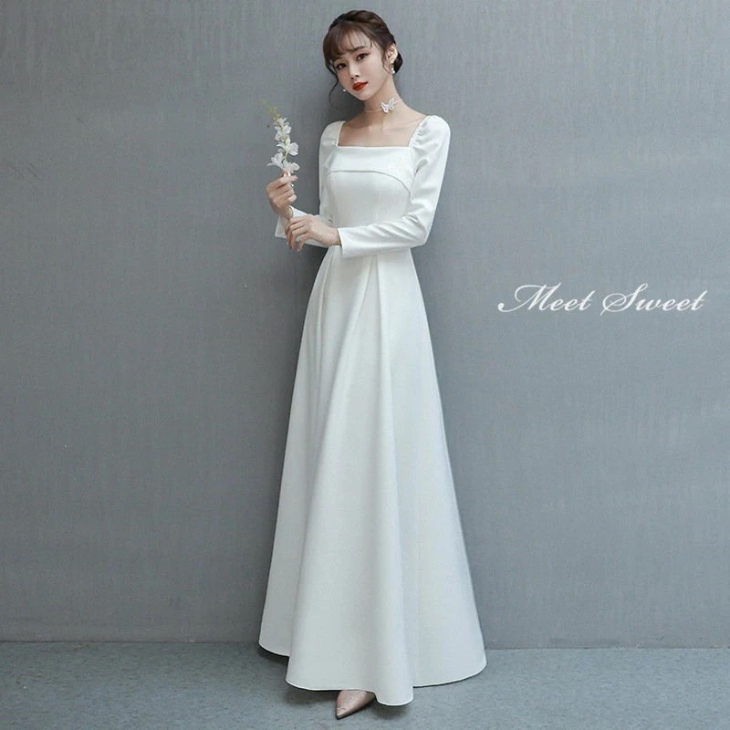 ウェディングドレス 二次会ドレス 結婚式 ブライダルドレス 新婦 ロングドレス サテン 長袖 袖あり ロングスリーブ シンプル ホワイト 前撮り 海外挙式 花嫁 ウエディングドレス 編み上げ パーティ