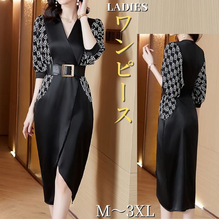 ワンピース レディース ロゴプリント 半袖 プリント 膝下丈 不規則デザイン タイト ウエストベルト 夏 フォーマル お呼ばれ 通勤 旅行 お出かけ 母の日 30代 40代 5 プレゼント