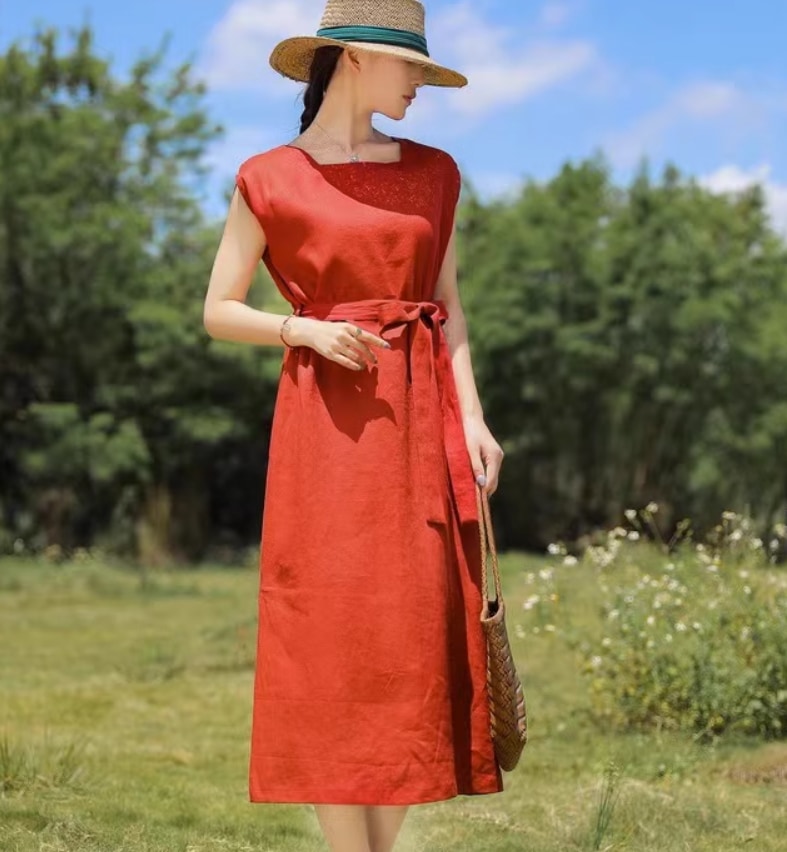 ワンピース デート モテアイテム ミモレ丈 ノースリーブ ウエストデザイン コットン 大人可愛い きれいめ 上品 おしゃれ かっこいい 大人可愛い ラブリー キュート ガーリー クール モード系