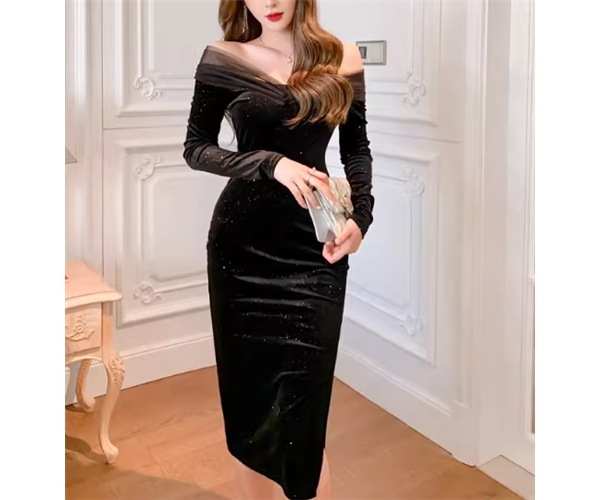 レディース ドレス パーティードレス パーティー 膝下 ミモレ 長袖 オフショル タイト スリム 細身 スリット きれいめ シンプル 大人可愛い 上品 おしゃれ かっこいい クール エレガント 抜け感