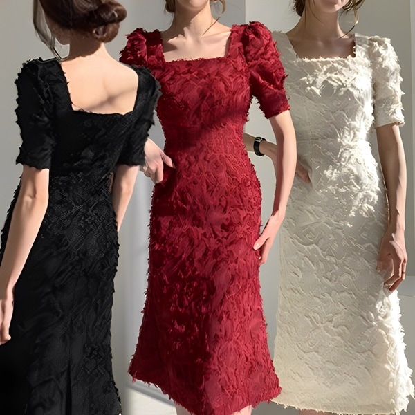 ３カラー リトルドレス 軽やかで大人っぽいヘボン風ドレス ウエスタン風 スリムスカート フレンチ膝丈ロングスカート サマードレス フォレストスタイル ロングスカート スクエアネックドレス レディース