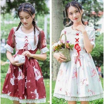 2枚送料無料 可愛いロリータ風ワンピース 兎プリント 夏物 半袖 長袖 レース ワンピース フレア