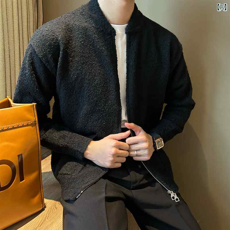 ニット メンズ おしゃれ カーディガン シンプル 韓国 ジッパー セーター 秋冬 レトロ ノーカラー ブラック グレー ブラウン 8,195円