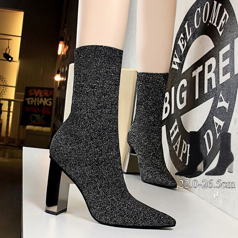 ブーツ レディース ショートブーツ ソックスブーツ レディース シューズ チャンキーヒール ヒール9.5cm ブーツ ポインテッドトゥ レディース靴 ショートブーツ ストレッチ 美脚 太ヒール チャン