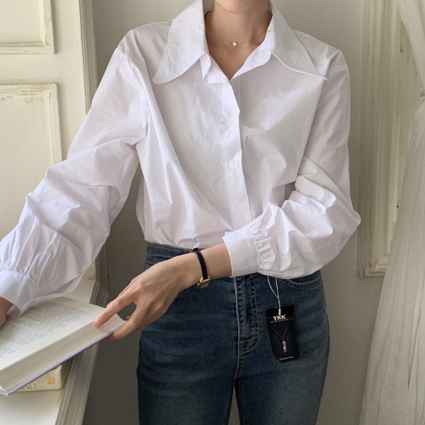 韓国ファッション ベーシック パフシャーリング カラー コットン ブラウス