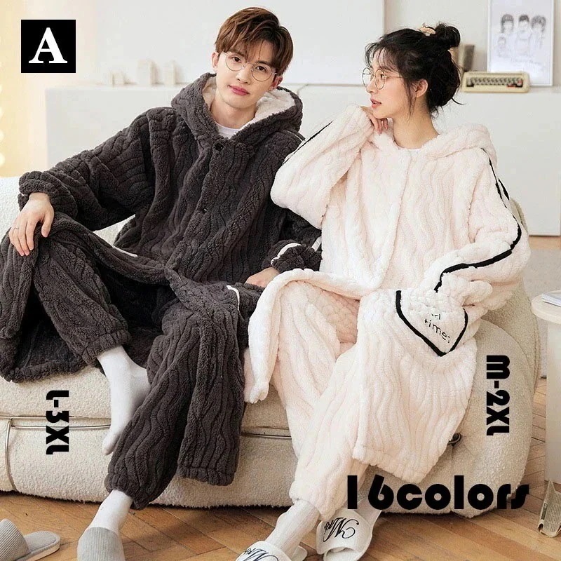 【急速出荷!】カップルウエア レディースメンズ 男女 オシャレ ペアパジャマ 上下セット 前開き もこもこ ふわふわ あったか バスローブ ナイトローブ サンゴネル 裏起毛パンツ 厚手 防寒 ウエア 6,109円