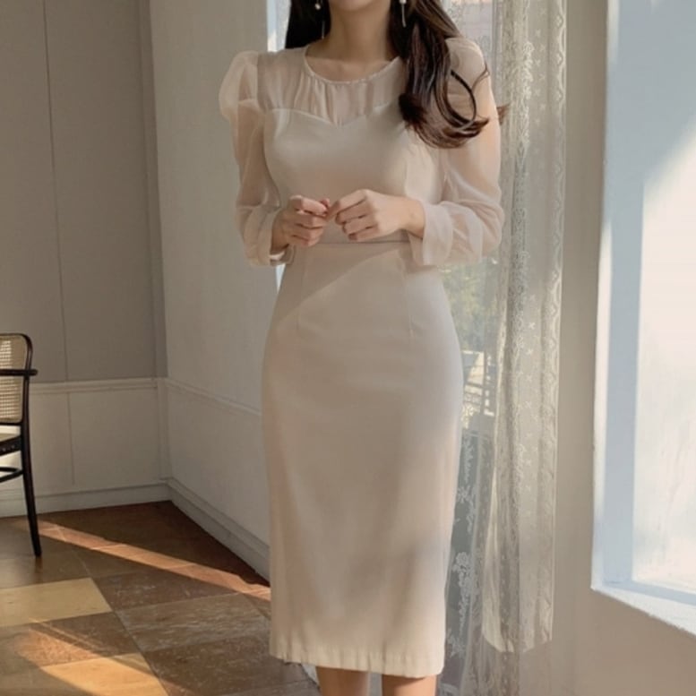 レディース ワンピース ドレス ロングワンピース 袖チュールワンピース シフォン ラウンドネック