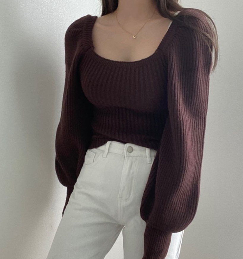 トップス デート モテアイテム ニットソー ボリュームスリーブ スクエアネック ウール 可愛い きれいめ 上品 おしゃれ かっこいい 可愛い ラブリー キュート ガーリー クール モード系