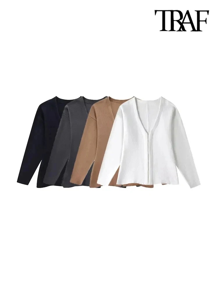 TRAF-女性用フロントフック付きニットカーディガン,Vネックセーター,長袖,サイドスリットヘム,女性用アウター,シックなトップス,ファッション - 200000345