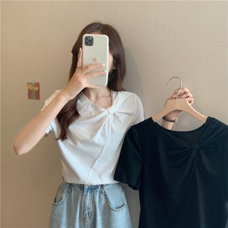 トップス Tシャツ カットソー ショート ショート丈 半袖 Vネック アシンメトリー リボン 伸縮性 かわいい 大人可愛い きれいめ シンプル カジュアル 大人 上品 おしゃれ お洒落 大人女子