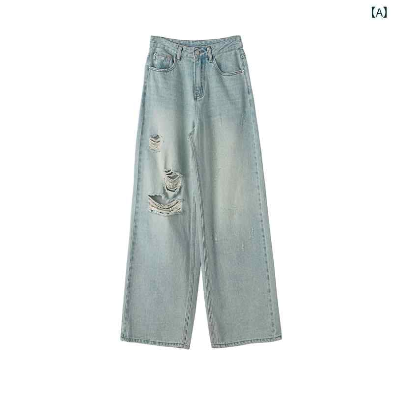 デニムパンツ レディース ダメージ ジーンズ クラッシュ ボトムス 春夏 ウォッシュド カジュアル ストレート ワイド 韓国 ブルー