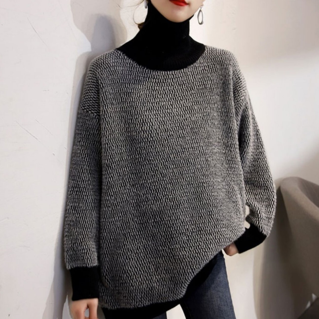 トップス ニットソー セーター 長袖 ドロップショルダー ハイネック タートルネック ストレート Iライン 切り替えデザイン 伸縮性 ニット かわいい 大人可愛い カジュアル 大人 おしゃれ お洒落