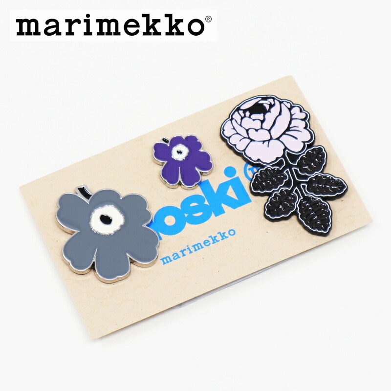 [セール10％OFF]　マリメッコ ピンバッチ 3点セット ウニッコ ヴィヒキルース グレー × パープル × ブラック marimekko UNIKKO VIHKIRUUSU No.490(93)