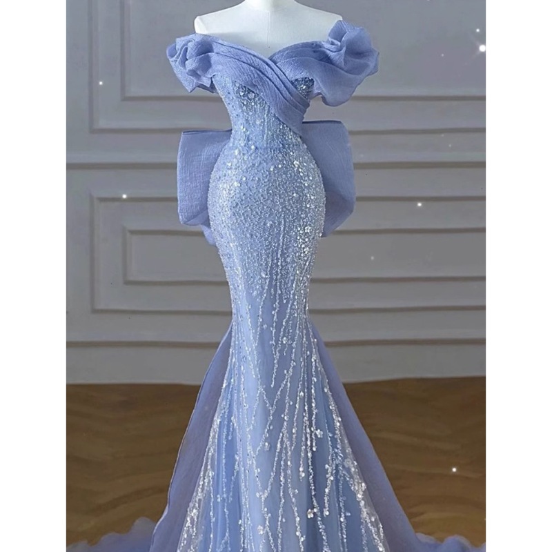 コンサート フォーマルな行事 卒業式 ワンショルダーブルーイブニングドレスニッチフィッシュテールスパンコールホストハイエンドトレインボーカル