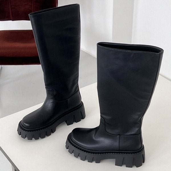 ブーツ ロングブーツ ワークブーツ トラックソール 厚底 レディース ハイヒール 黒 ブラック 歩きやすい 痛くない カジュアル シンプル 靴 婦人靴 韓国