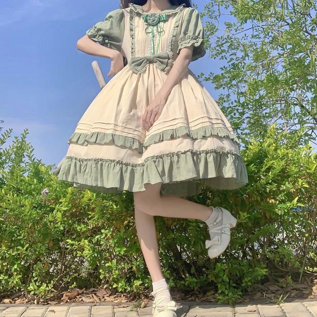 韓国ファッシ ロリータクリームグリーン洋装 半袖opワンピース 夏