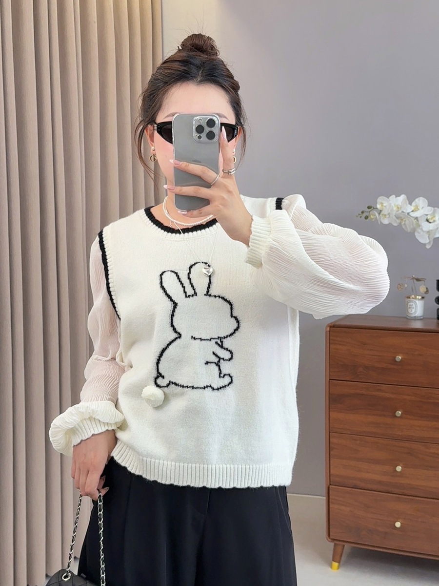 【Lovely Plus】 秋冬 プリント 切り替えデザイン レイヤード風 ニットカーディガン ニット セーター レディース ゆったり 大きいサイズ 体型カバー ぽっちゃり ニットトップス