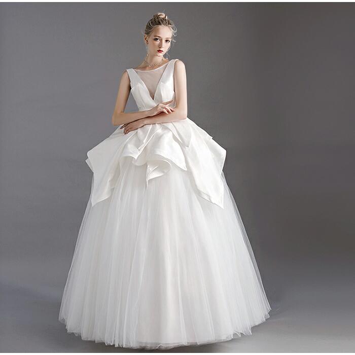 プリンセスラインドレス サテン チュール ウエディングドレス ブライダル 結婚式 ウェデイングドレス ノースリーブ 二次会 披露宴 花嫁 前撮り 編み上げ 上品