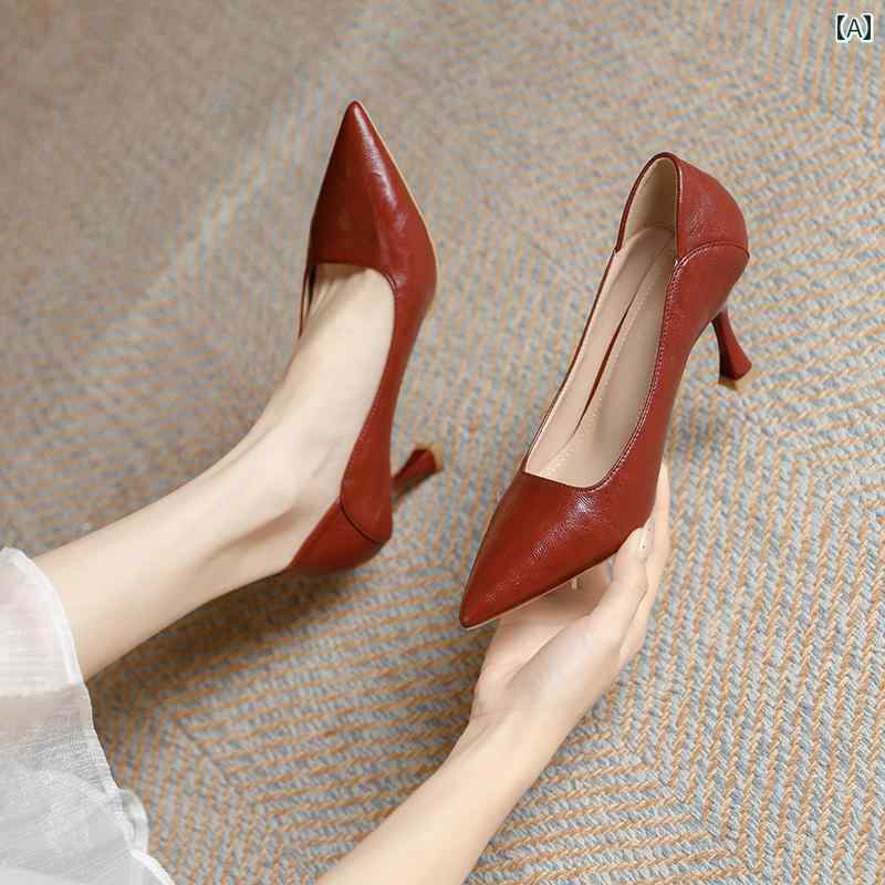 ハイヒール　シューズ　レディース レディース シープスキンの 赤い の ハイヒール 2025 春秋 尖った 浅い 口の スティレット プロな 作業 靴