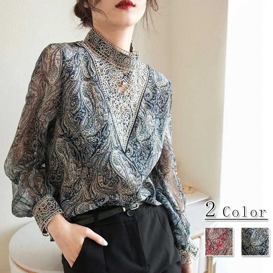 大人気！ シルクブラウスレーストップス バルーン袖 可愛いブラウス韓国ファッション セクシー 透け感トップス シャツ ブラウス