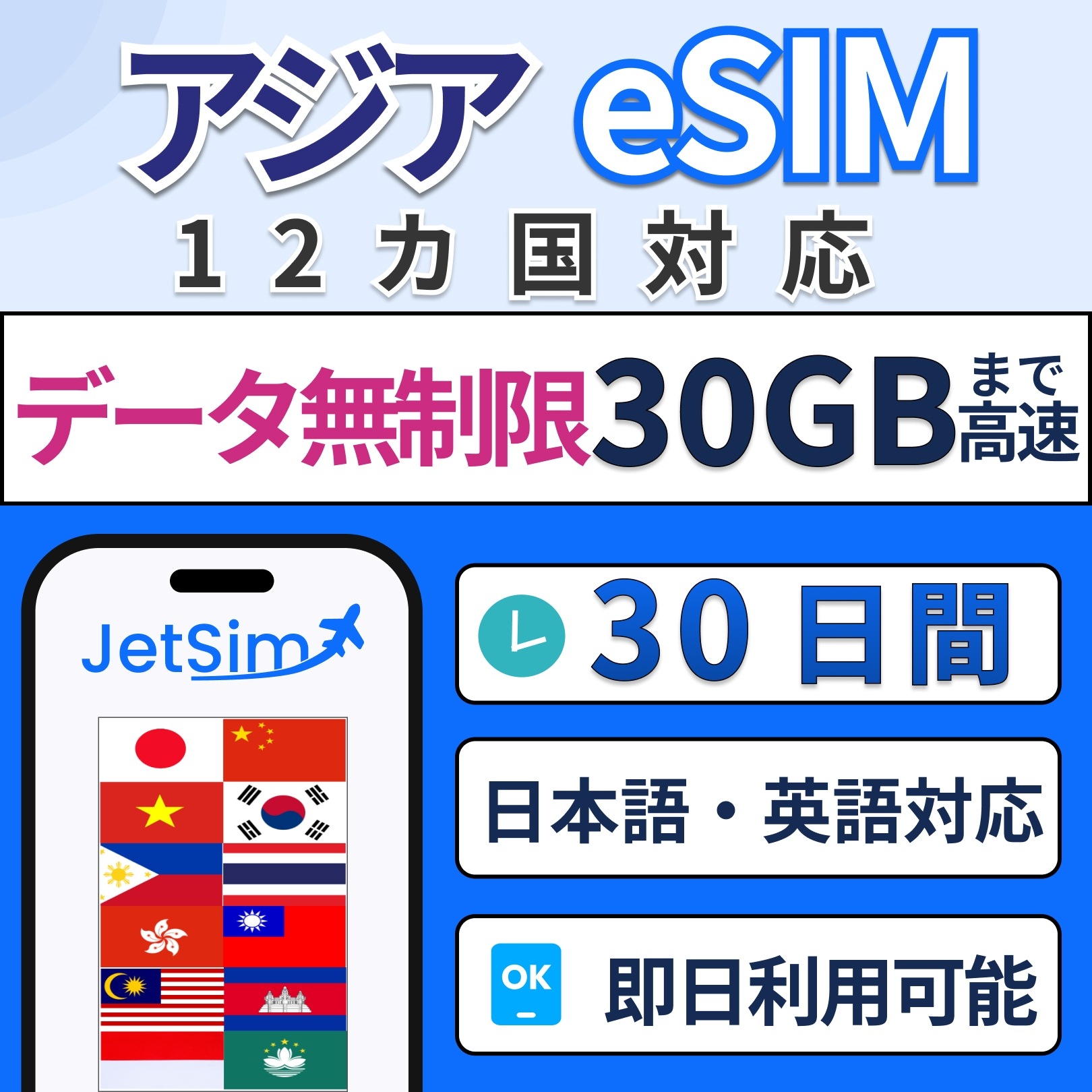 【アジア eSIM】30日間 30GB 高速データ 1日1GBまでマレーシア・インドネシア・タイ・韓国・フィリピンなど14ヵ国