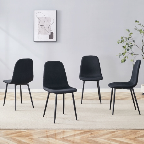 OmniHaven Simple Chair - Set of 4 Black Linen-Cotton Dining Chairs