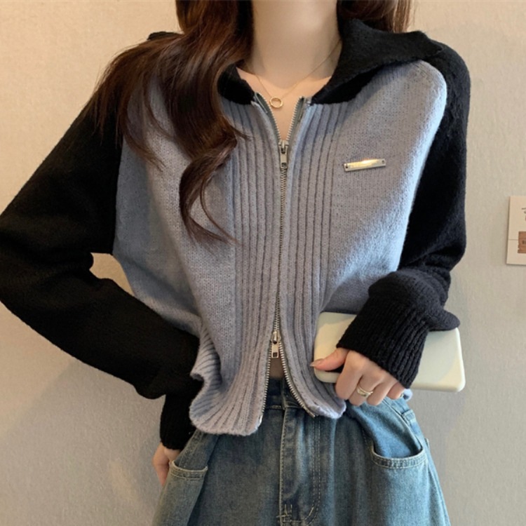 アメリカンレトロなポロカラージッパー長袖セーター女性用秋ショートデザインセーターカーディガンジャケットトップ