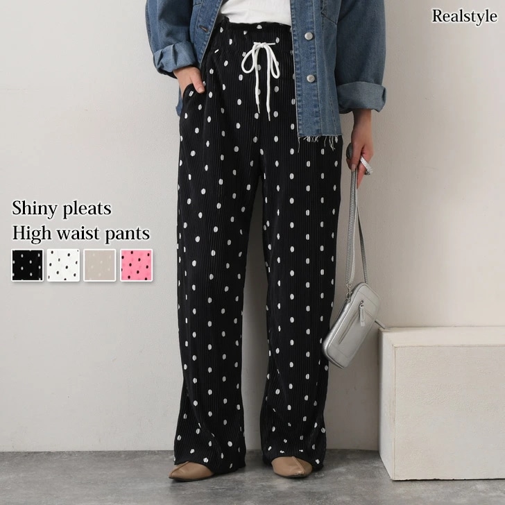 シャイニープリーツドット柄ハイウエストワイドパンツ レディース ボトムス 夏 ワイドパンツ イージーワイドパンツ イージーパンツ 柄パンツ ドット柄 薄手 涼感 涼しい 楽ちん ウエスト 5,544円
