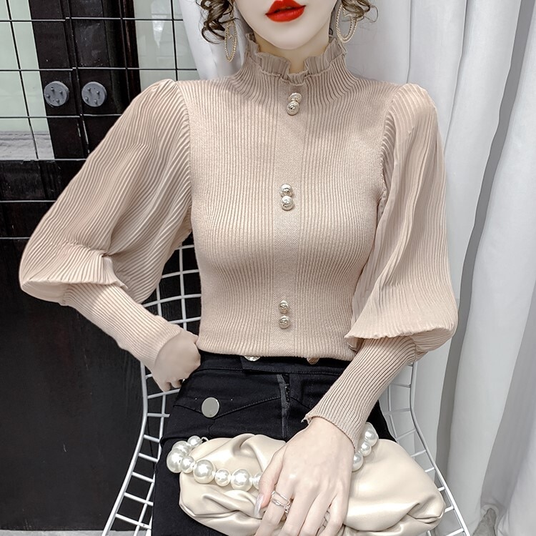 トップス ニットソー ミディアム丈 袖あり 長袖 スタンドカラー ストレート フリル リブ ニット 大人可愛い きれいめ 上品 おしゃれ 大人女子 こなれ感 クール セクシー エレガント 主役級 4,439円