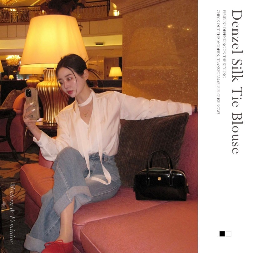 [MADE] タイ付きデンゼルシルクVネックブラウス bs1191