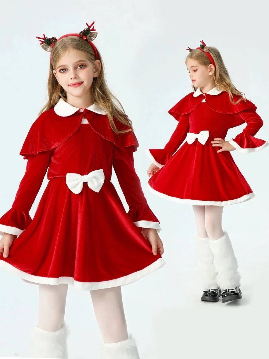 24クリスマス子供服女の子赤いスカートストールマントワンピースサンタ子供服超おすすめ 25大人気即納