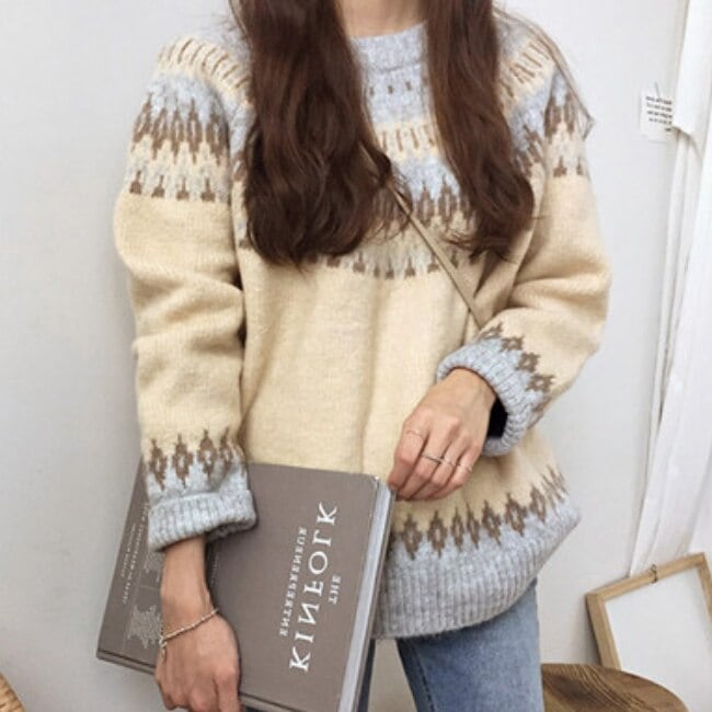 ３色 トップス ニット セーター レディース 秋冬 かわいい カジュアル ゆったり 長袖 長袖 ラウンドネック ワイド ブルー ブラウン 春カラー 秋カラー アプリコット S M L XL 大きめ ゆ