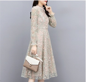 ワンピース デート プリーツスカート フレアスカート フレアワンピース ミモレ ミモレ丈 袖あり 長袖 ラウンドネック 襟付き フレア 細身 Aライン プリーツ レース 刺繍 フリル 透け感